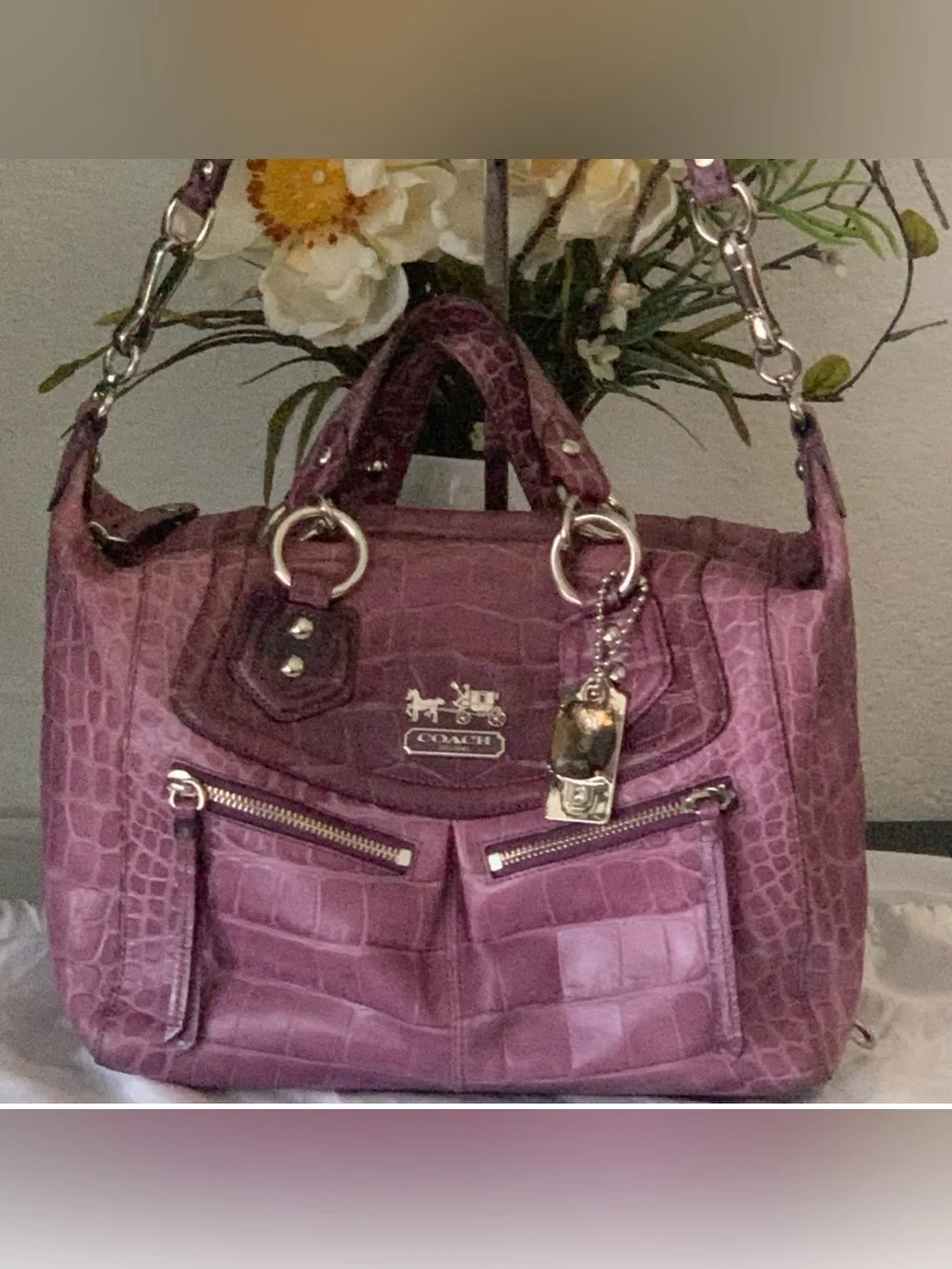 RARE HTF Coach Mauve/Purple  Madison Audrey Croc-Embossed Leather Satchel